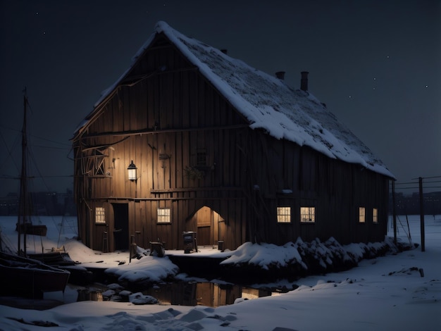 A snowy scene with a barn and a pond with lights on.