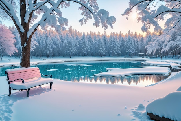 A snowy scene with a bench and trees in the background.