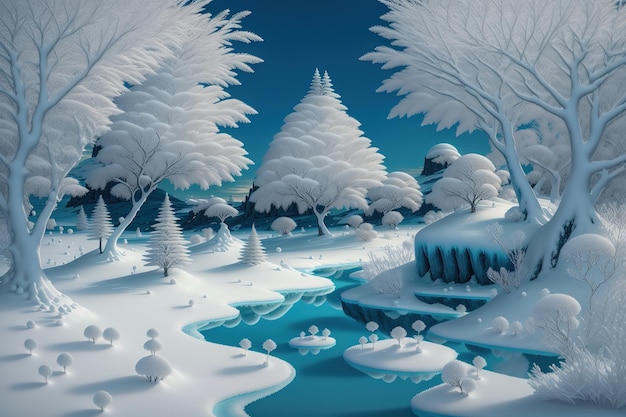 Снежная сцена с синей рекой и заснеженными деревьями.