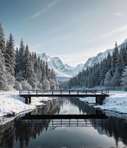 a snowy scene with a bridge over a river