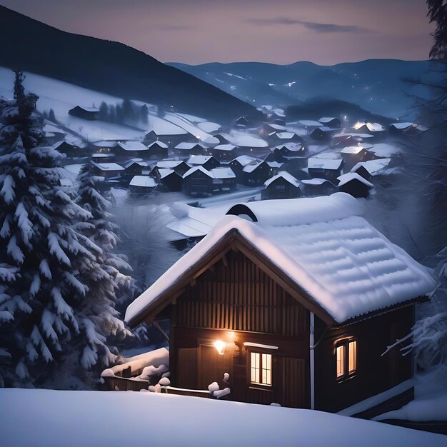 Photo a snowy scene with a cabin and a snow covered roof