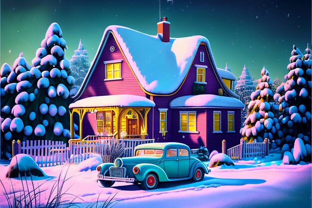 Snowy scene with a car parked in front of a house generative ai