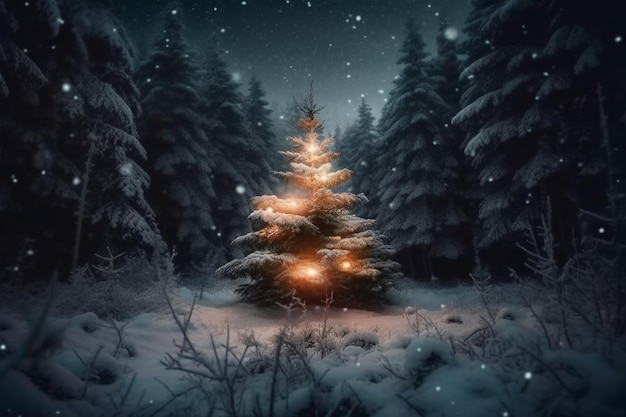 A snowy scene with a christmas tree in the foreground and lights on it.