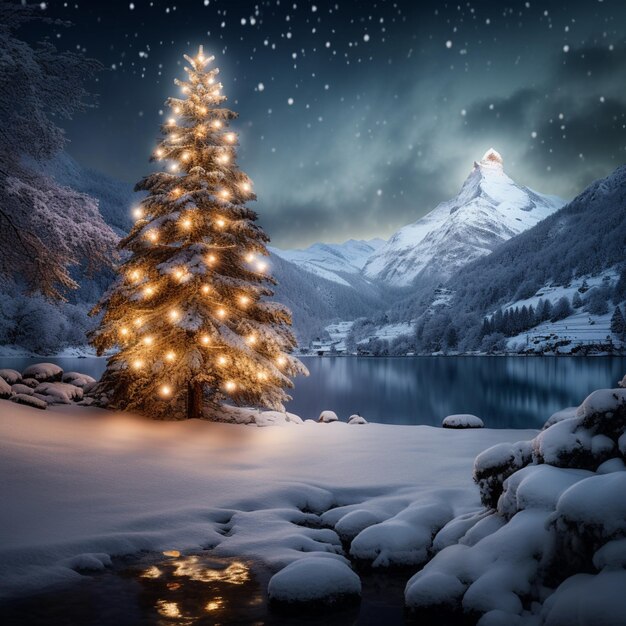 snowy scene with a christmas tree and a mountain in the background generative ai