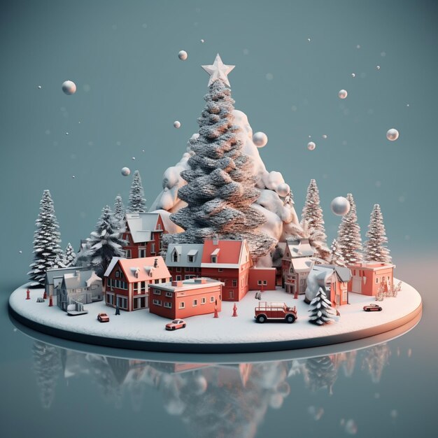 Снежная сцена с рождественской елкой и небольшим городом