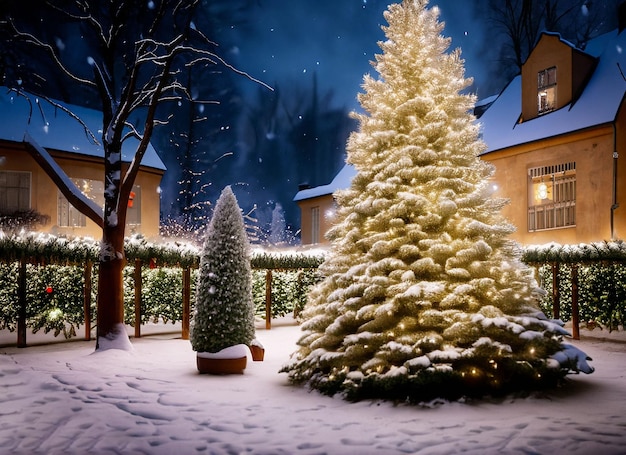 A snowy scene with a christmas tree in the snow