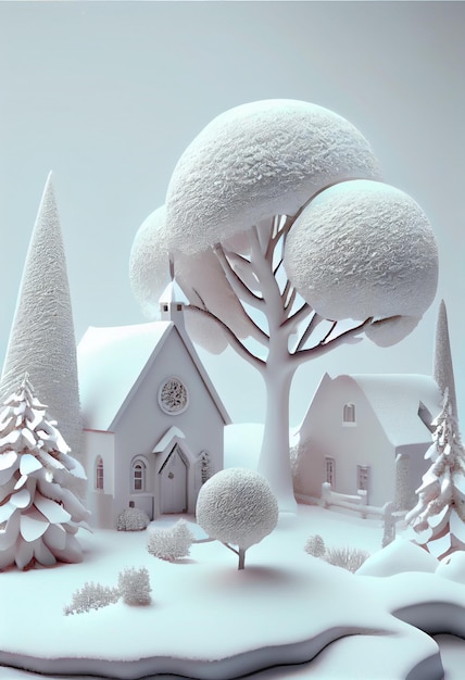 Snowy scene with a church and trees generative ai