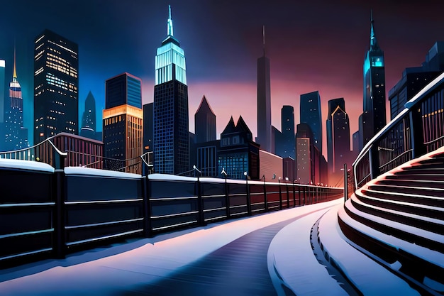 A snowy scene with a cityscape and a snow covered sidewalk.