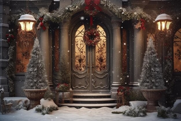 A snowy scene with a door and wreath on it