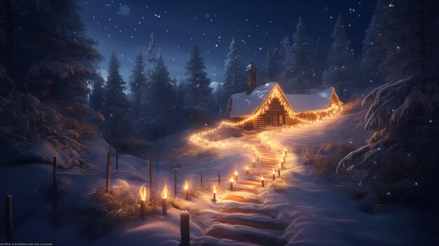 雪の中に家と灯篭のある雪景色。