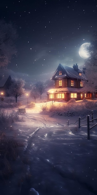 A snowy scene with a house and the moon