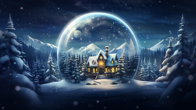 snowy scene with a house in a snow globe generative ai