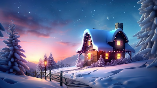 A snowy scene with a house in the snow