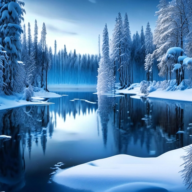 a snowy scene with a lake and trees in the background.