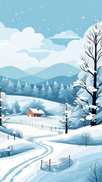 A Snowy Scene with a Red House and Trees