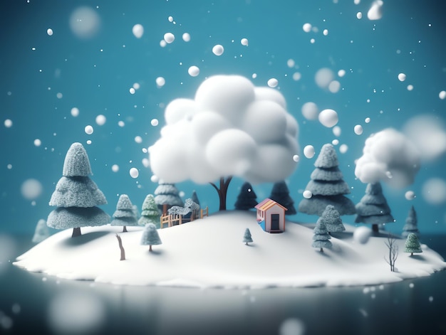 A snowy scene with a small house and trees on a blue background