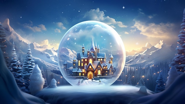 snowy scene with a snow globe and a castle in the middle generative ai