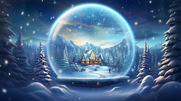 snowy scene with a snow globe and a house in the middle generative ai