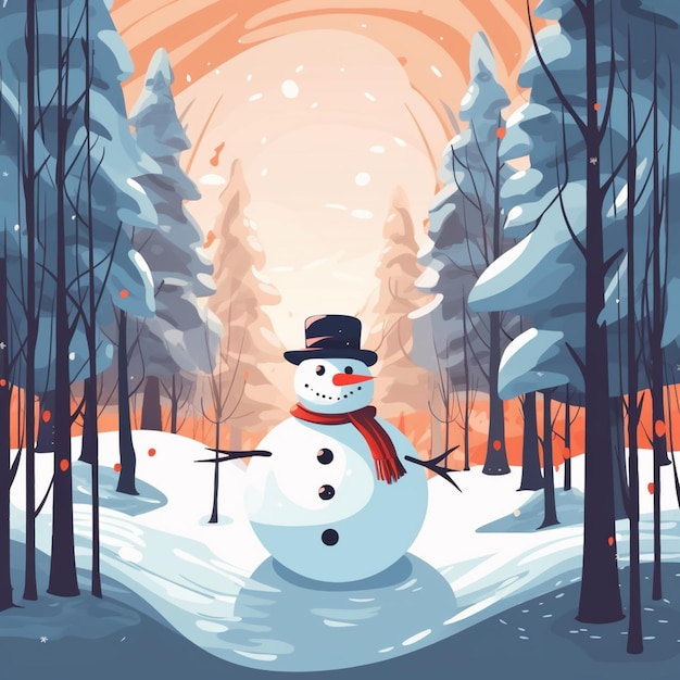 Snowy scene with a snowman in the middle of a forest generative ai