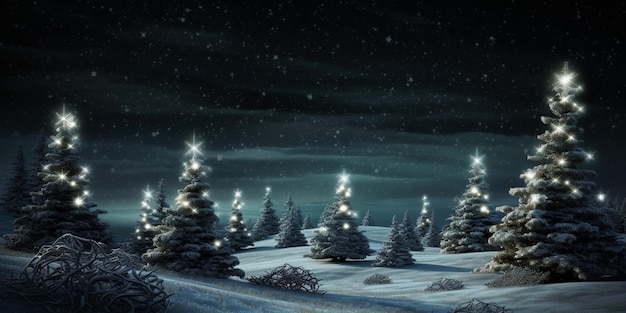 A snowy scene with a snowy landscape and a snowy field with christmas trees.