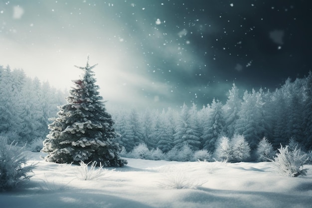 A snowy scene with a snowy tree in the foreground and a snowy forest in the background.