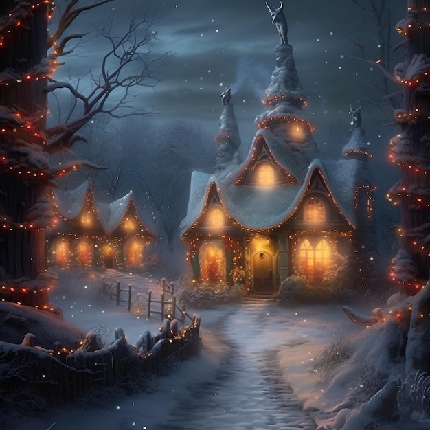 A snowy scene with a snowy village and christmas lights.