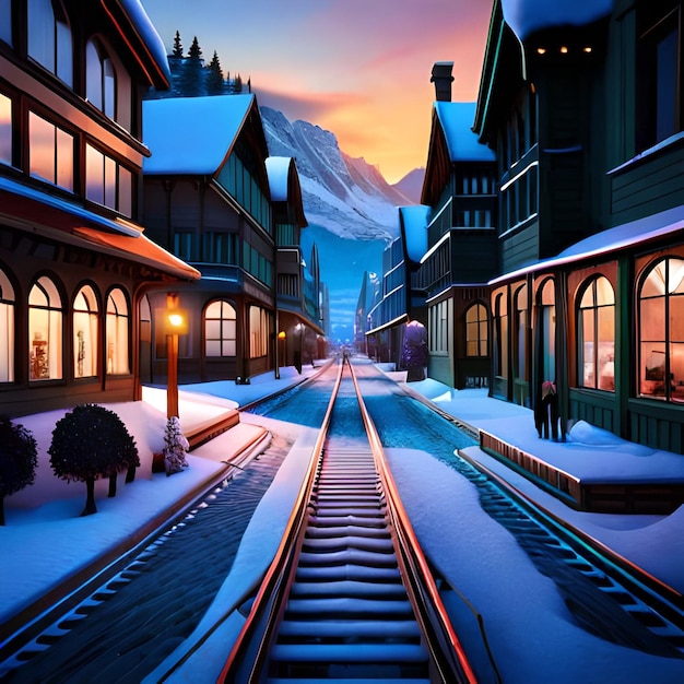 A snowy scene with a train track and a snowy mountain in the background.