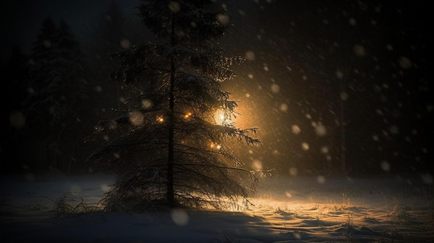 A snowy scene with a tree in the foreground and a light on the tree in the background.