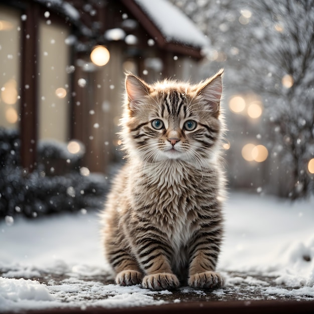 雪に覆われた静けさの子猫の慌ただしい様子