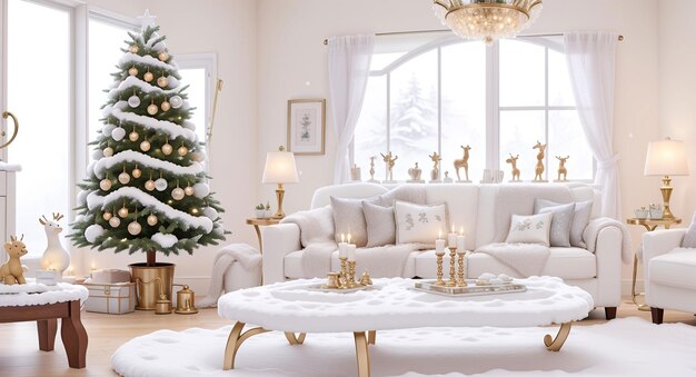 Snowy Serenity Living Room View with Twinkling Lights
