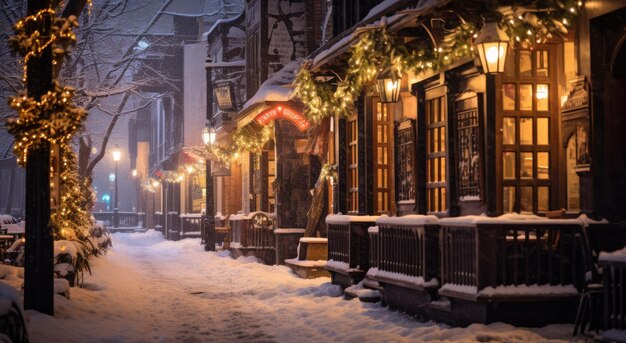 The snowy sidewalk of city at night