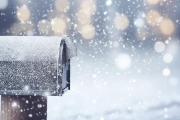 Snowy silver bokeh background with room for copy featuring a mailbox