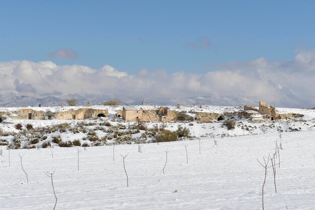 Snowy steppe fields in granada