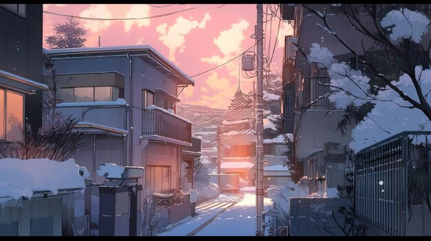 Snowy street scene with a train passing by a building generative ai