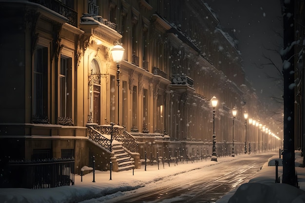 A snowy street in the snow with a light on the street.