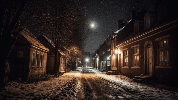 A snowy street in the snow with a moon in the sky