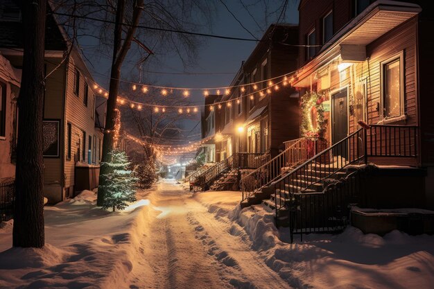 Photo snowy street with christmas lights decorating houses created with generative ai