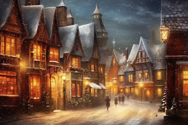 Снежная улица с рождественской сценой.