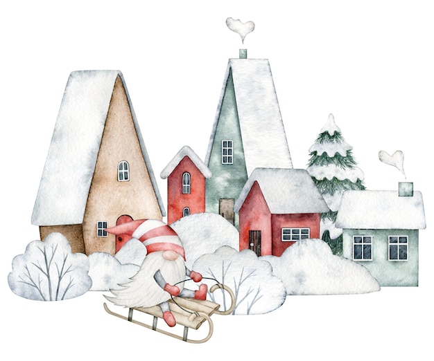 Snowy street with cute scandinavian gnome in a striped hat sledding houses with snow on the roof