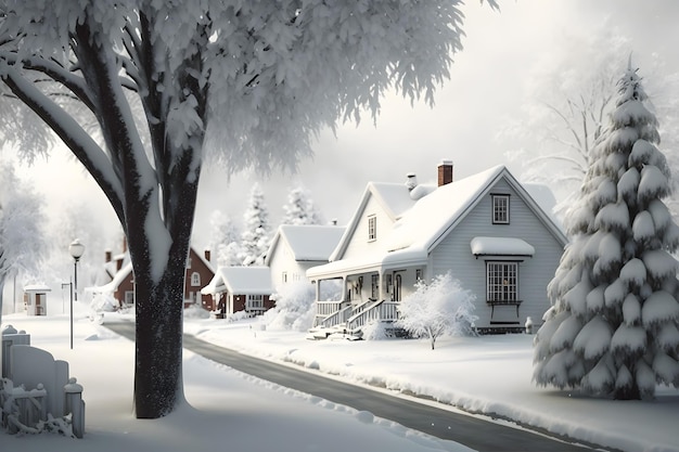 A snowy street with a house in the background