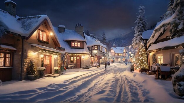 a snowy street with a house and a snow covered roof