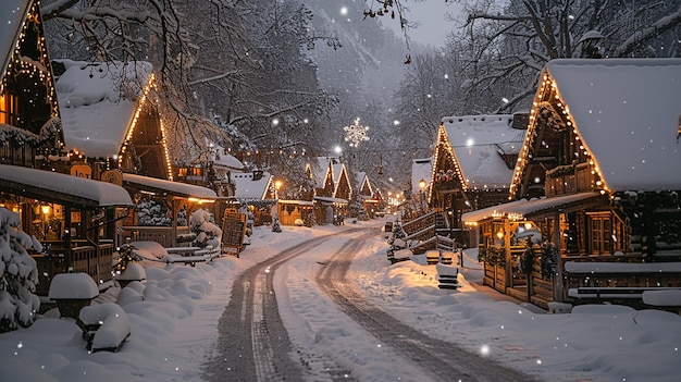 a snowy street with a house that has a christmas tree on it