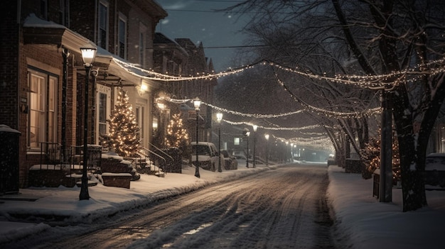 A snowy street with lights on the lights hanging from the ceiling