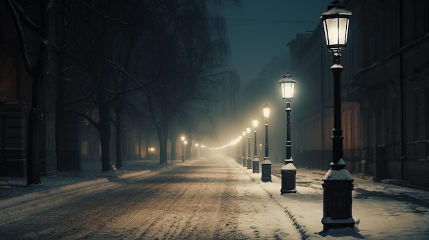 A snowy street with lights on and a street lamp on the left side.