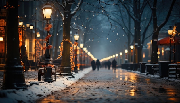 Снежная улица с огнями и уличным фонарем в снегу.