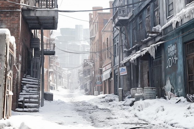 заснеженная улица с большим количеством снега на земле и генеративным искусственным интеллектом зданий