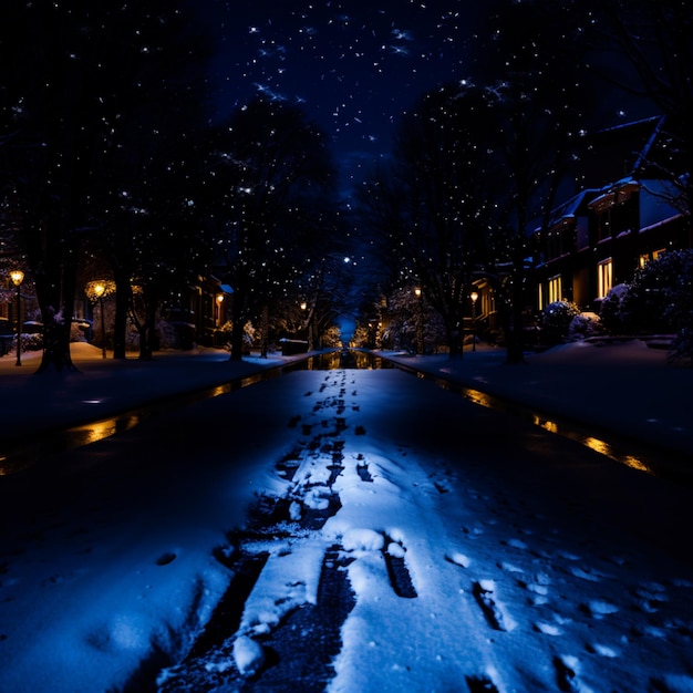 заснеженная улица с тропинкой посередине ночью генеративный ИИ