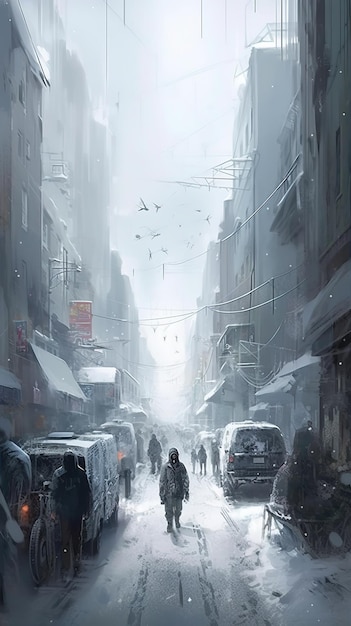 A snowy street with a person walking in the snow