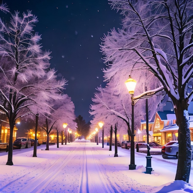 A snowy street with a street lined with trees covered in snow.