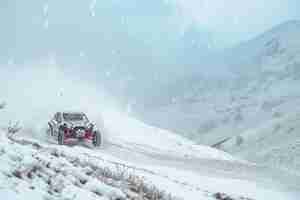 Photo snowy thrills buggy speeding through a winter wonderland